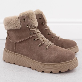 Botas femininas de couro com pele na plataforma marrom Rieker 70402-24 bege 2