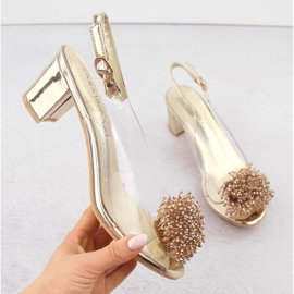 Sabatina Sandálias femininas transparentes de salto alto com contas douradas dourado 1