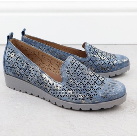 Sapatos femininos na elevação dos dormitórios dourados para o Openwork M. Daszyński MR1628-20 azul 2
