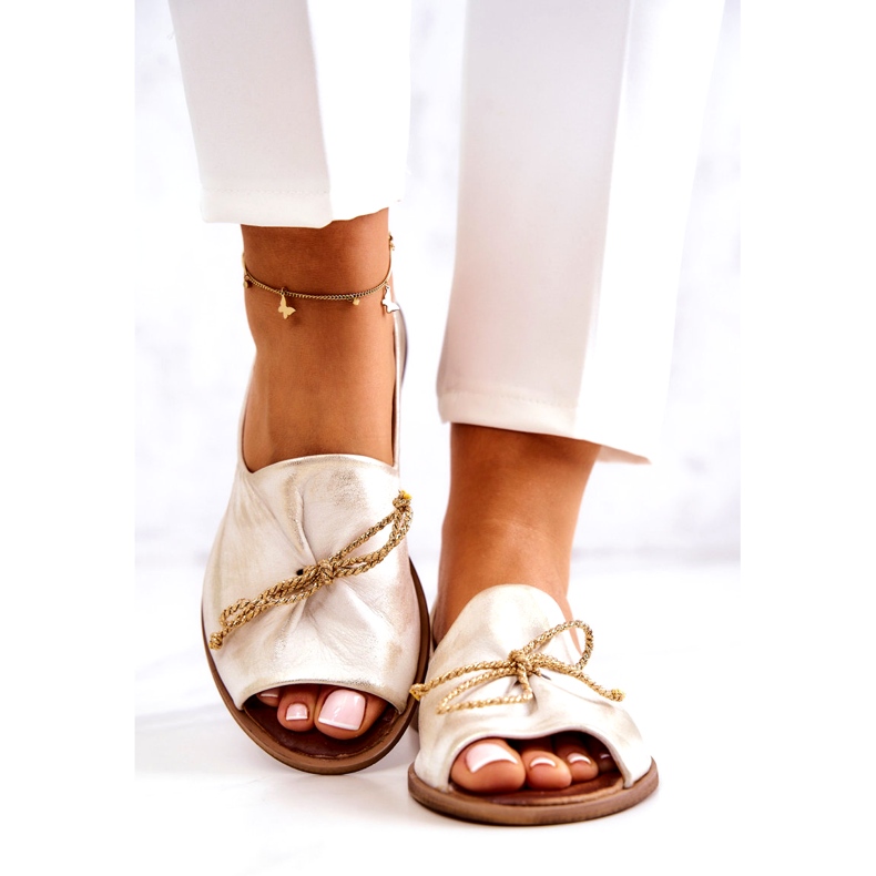 Ballerinas de couro feminino Zazoo 2660/004 Branco e Ouro 3