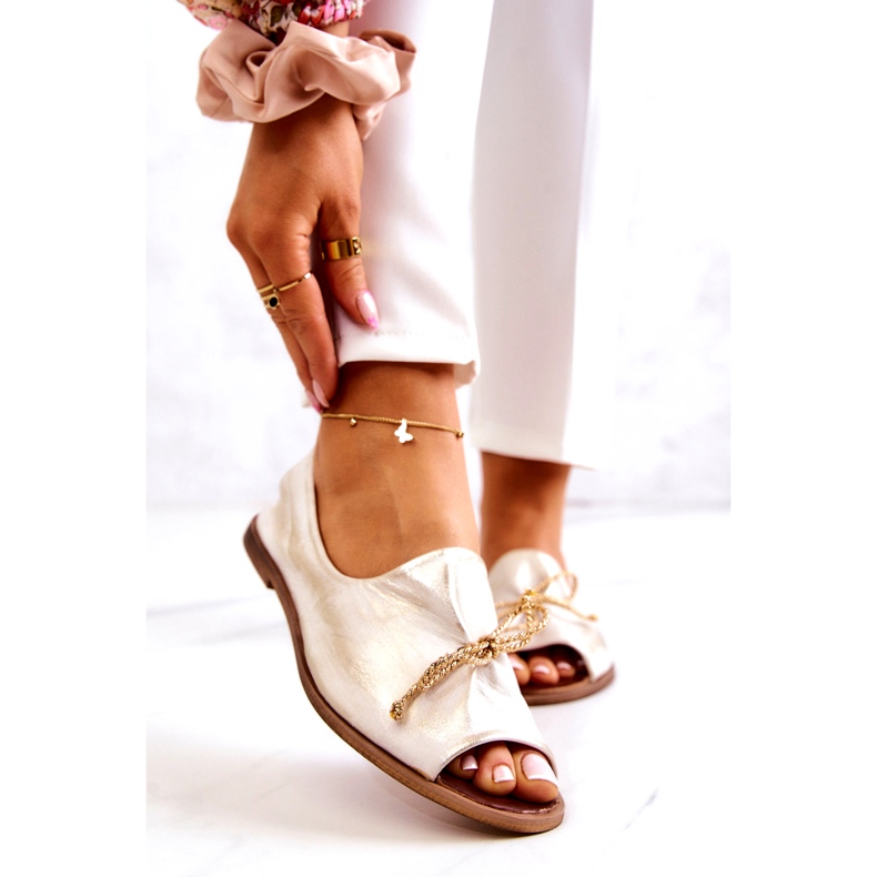 Ballerinas de couro feminino Zazoo 2660/004 Branco e Ouro 1