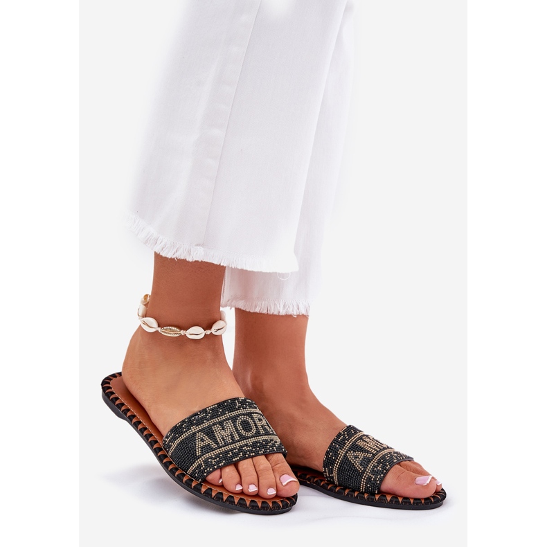 Chinelos de mulheres lisadas com decoração negra preto 1