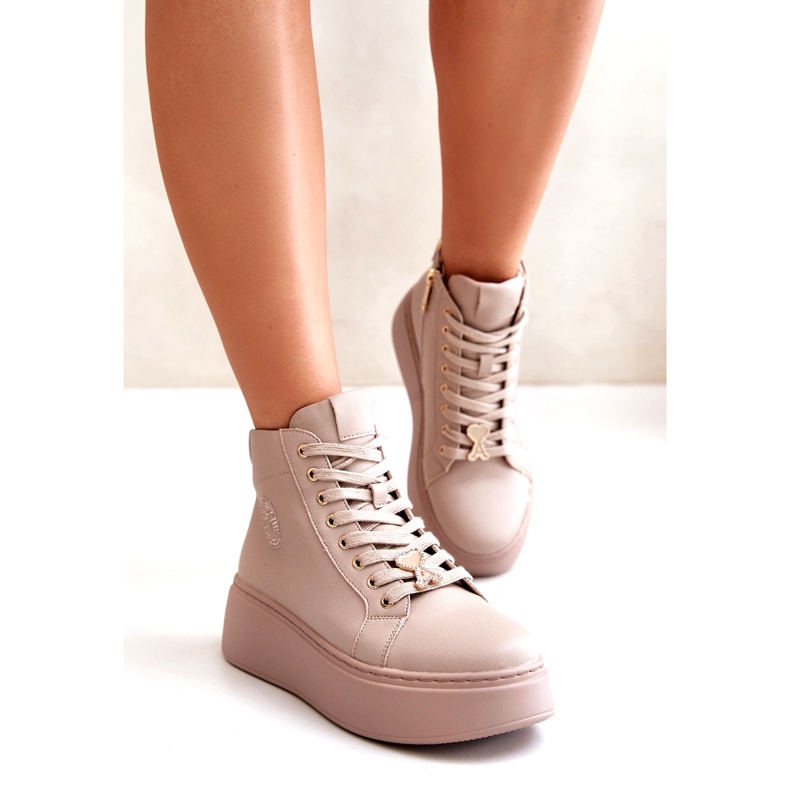 Tênis alto feminino de couro na plataforma Vinceza 66707 Bege 1