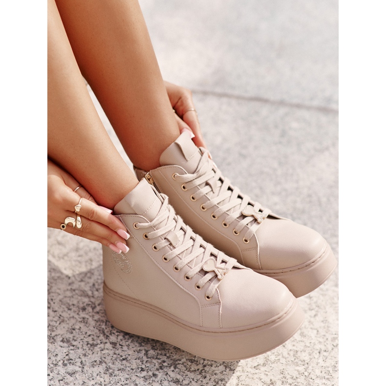 Tênis alto feminino de couro na plataforma Vinceza 66707 Bege 8