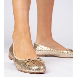 Golden Women's Glitter Ballerinas com um arco dourado 2 Golden Women's Glitter Ballerinas com um arco dourado 2