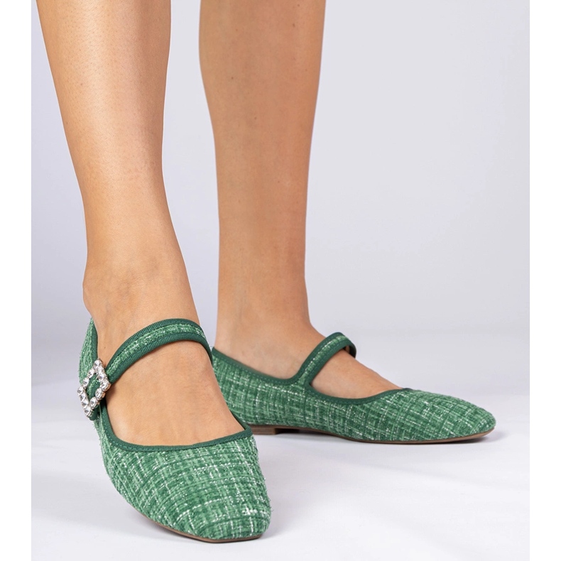 Bailarinas femininas verdes com fivela e cristais 2