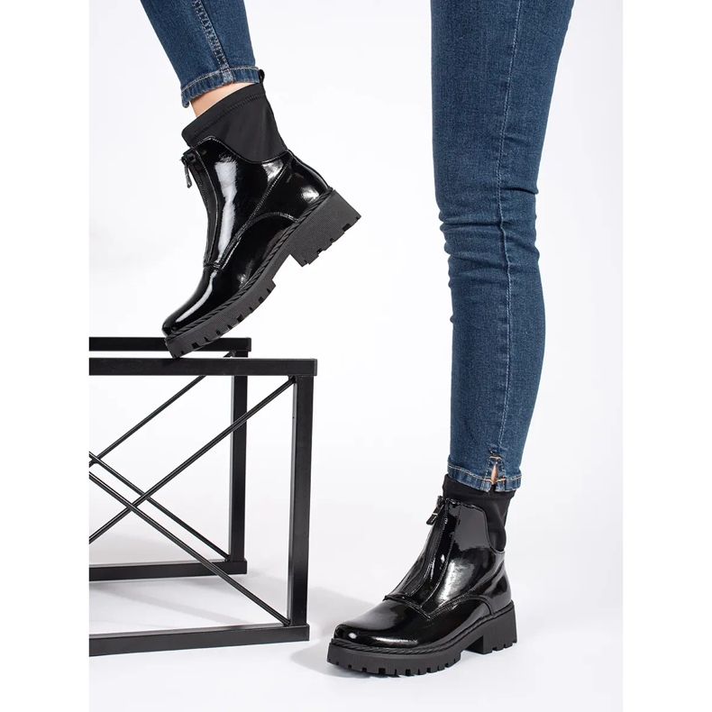 Goodin Botins femininos pretos envernizados com zíper 2 Goodin Botins femininos pretos envernizados com zíper 2