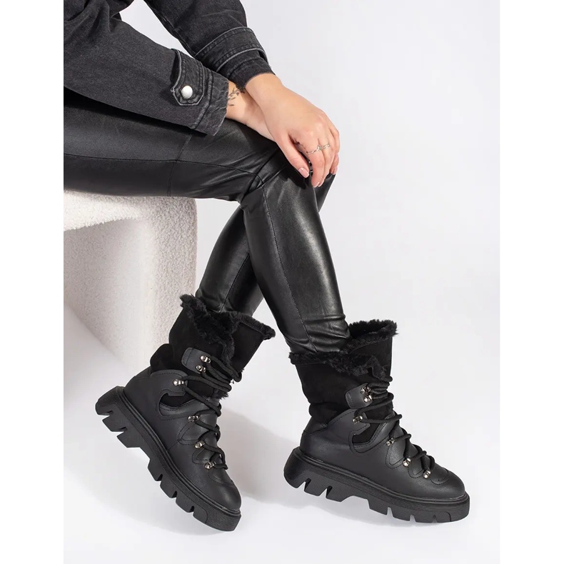 Seastar Botas de neve femininas negras com cadarço e pele na plataforma preto 1
