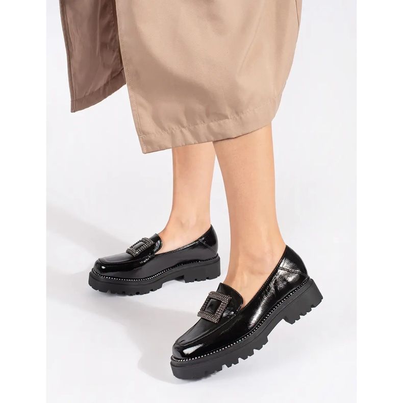 Goodin Mocassins femininos plataforma pretos decorados com fivela e strass 2
