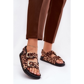 Sandálias impressas femininas de leopardo com fivelas marrons castanho 2