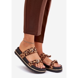 Chinelos femininos com estampa de leopardo na plataforma com listras e grampos marrons castanho 1