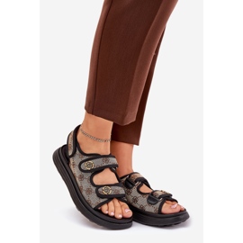 Sandálias materiais padronizadas das mulheres com detalhes dourados bege-preto 1