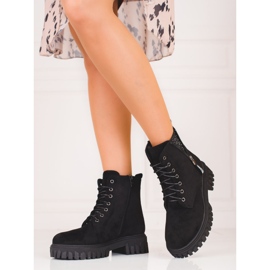 Botins femininos com atacadores e parte superior decorativa preto 2