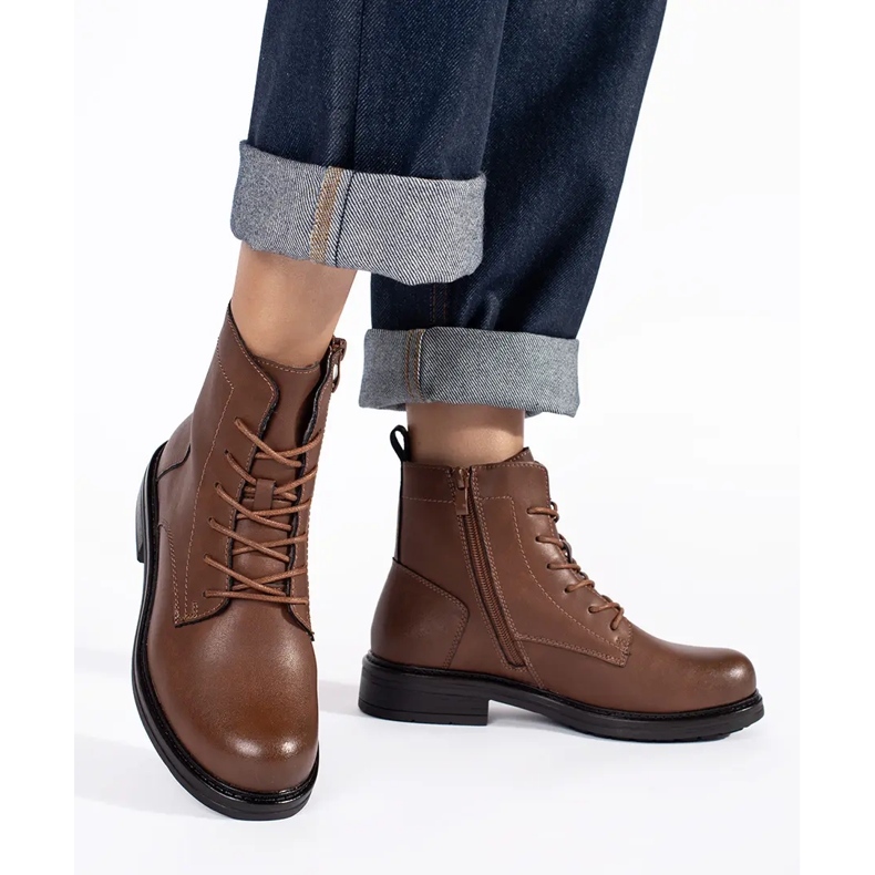 Botins femininos de couro marrom com cadarço, Sergio Leone castanho 1