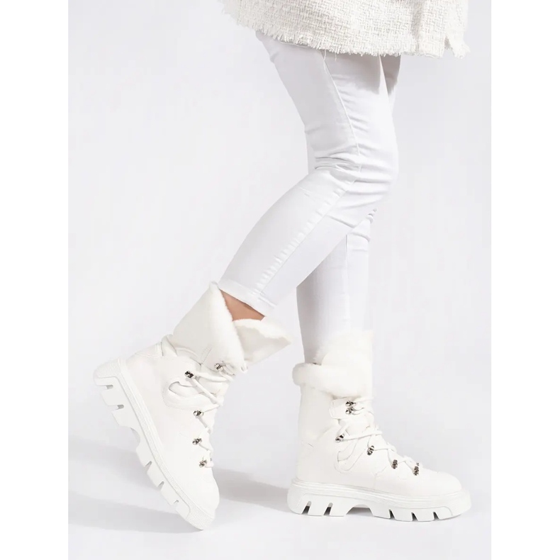 Seastar Botas femininas de neve brancas com cadarço e pele na plataforma branco 1