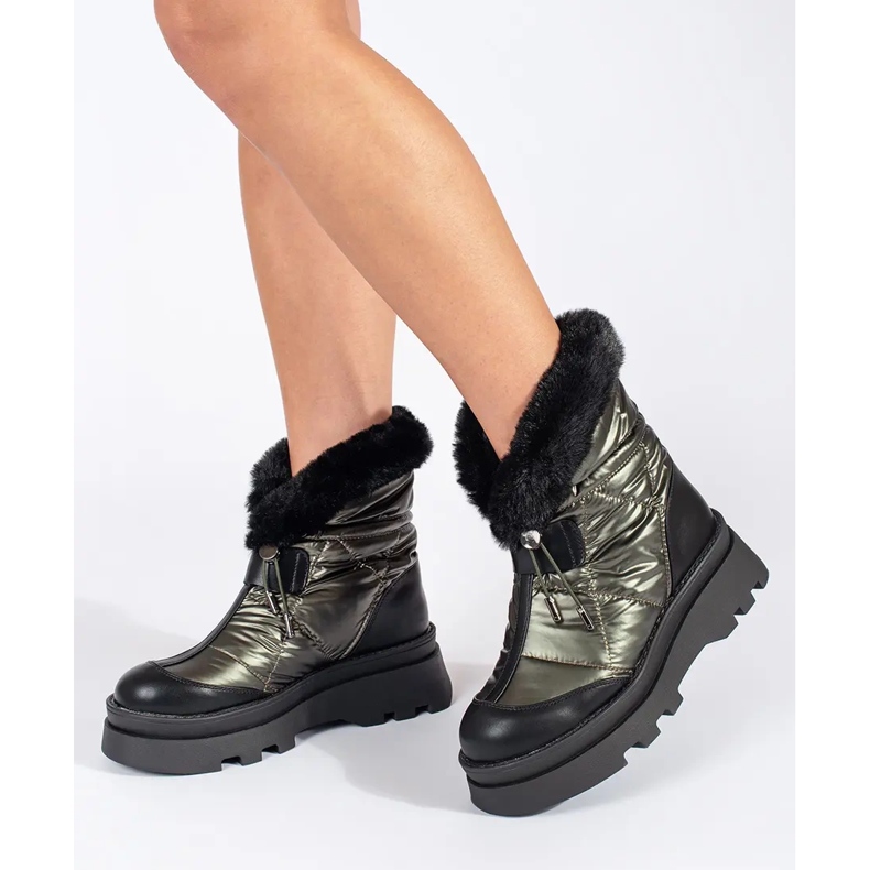 Seastar Botas de neve femininas verdes com pelo preto na plataforma 1