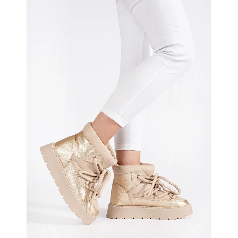 Botas de neve femininas bege claro com atacadores e sola grossa 2