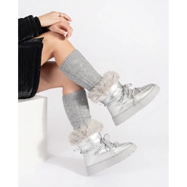 Botas de neve femininas prateadas com pele e sola grossa prata 1 Botas de neve femininas prateadas com pele e sola grossa prata 1