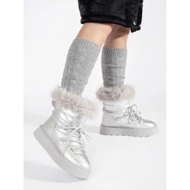 Botas de neve femininas prateadas com pele e sola grossa prata 2 Botas de neve femininas prateadas com pele e sola grossa prata 2