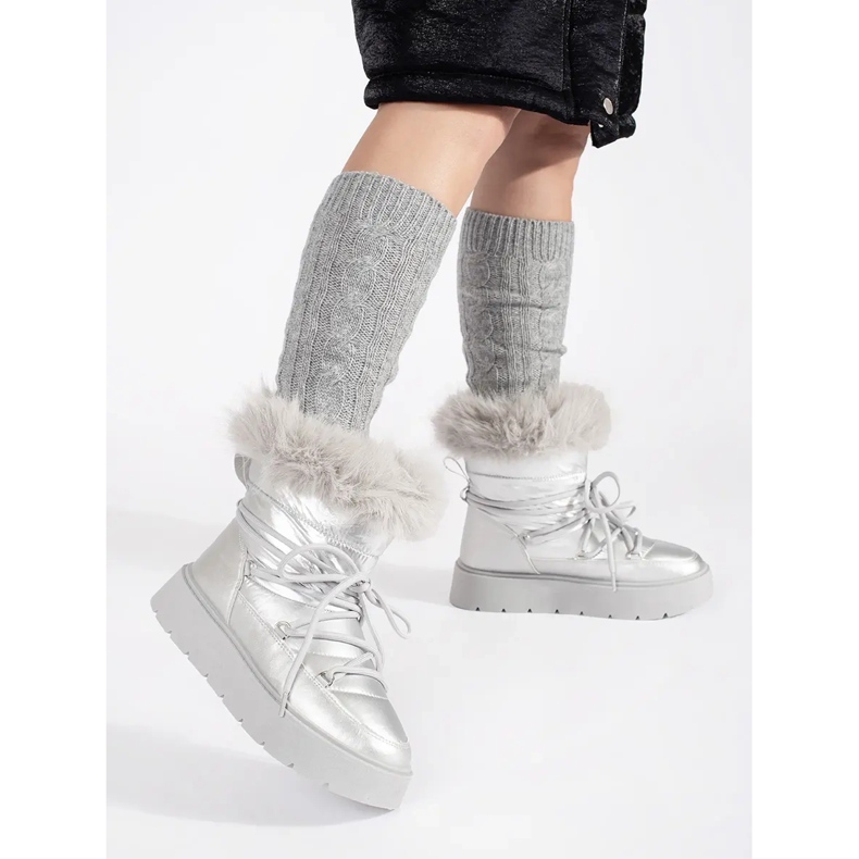 Botas de neve femininas prateadas com pele e sola grossa prata 2 Botas de neve femininas prateadas com pele e sola grossa prata 2