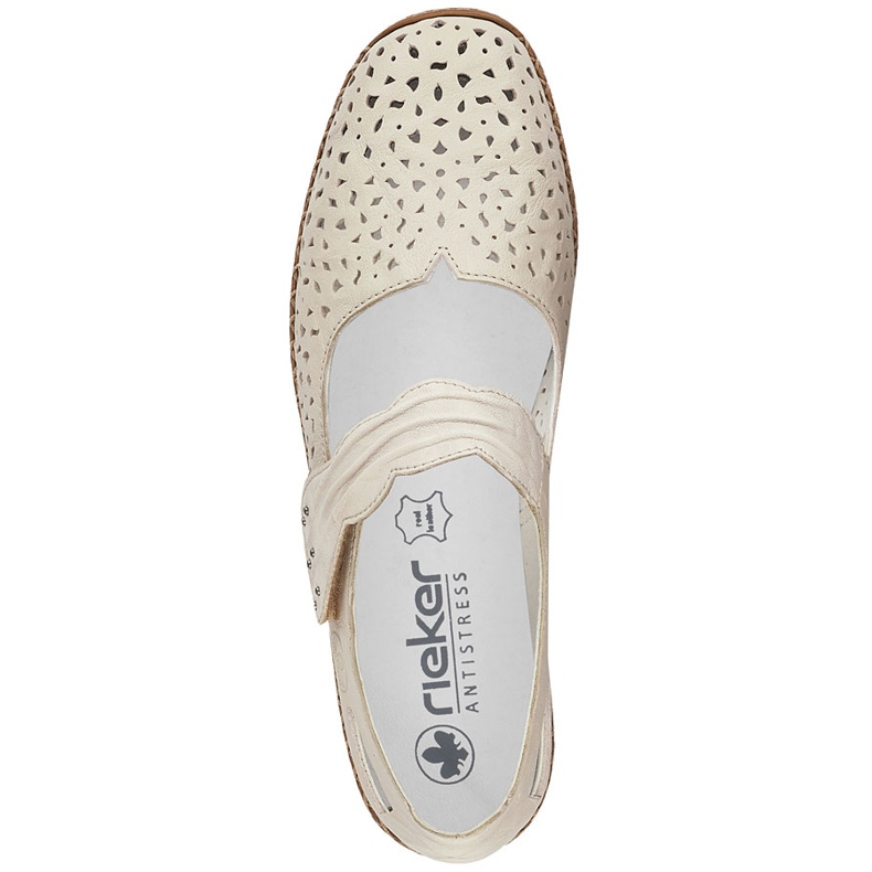 Sapatos de couro feminino com velcro bege rieker 41399-14 1