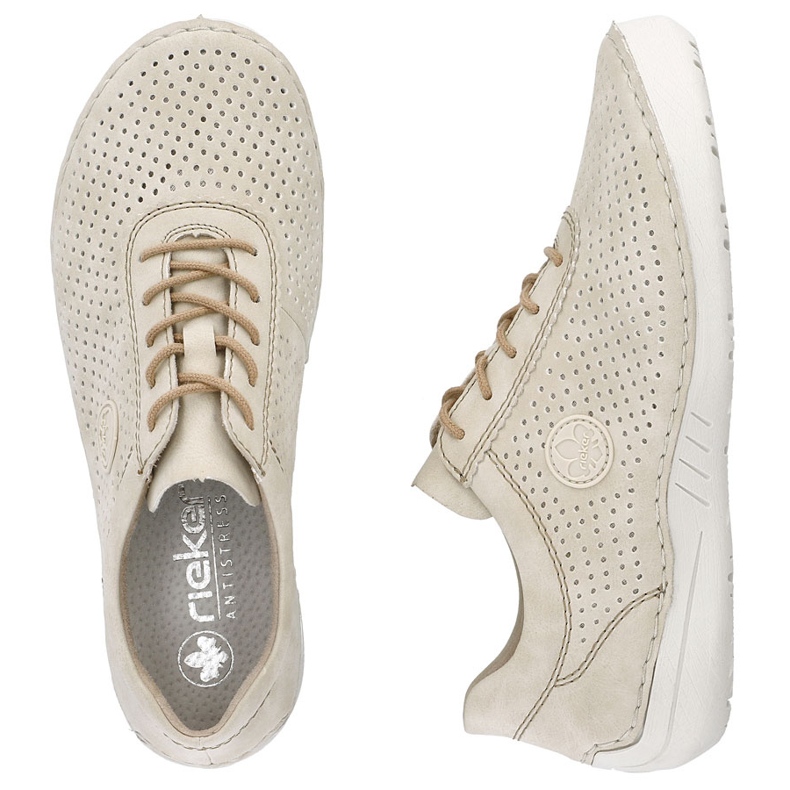 Sapatos de couro feminino perfurados bege rieker 52546-60 1
