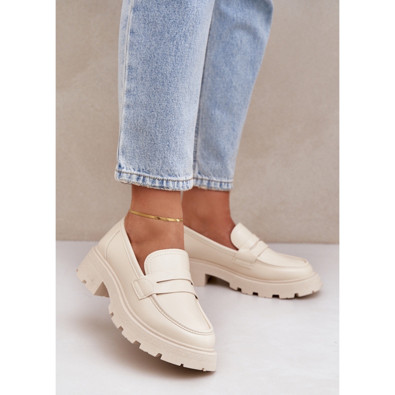 Mocassins femininos de couro ecológico, bege claro 2