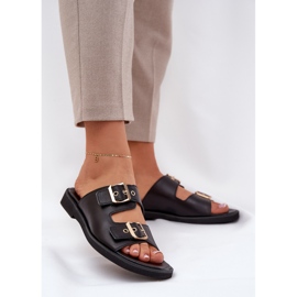 Chinelos planos de couro com zazoo 3020 grampos pretos 2 Chinelos planos de couro com zazoo 3020 grampos pretos 2