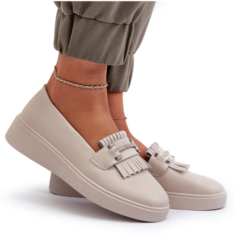 S.Barski Sufos de couro femininos leves na plataforma bege S. Barski LR590 com franjas 6