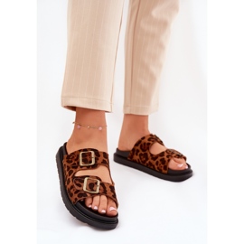 Chinelos femininos com estampa de leopardo na plataforma com fivelas marrons castanho 2