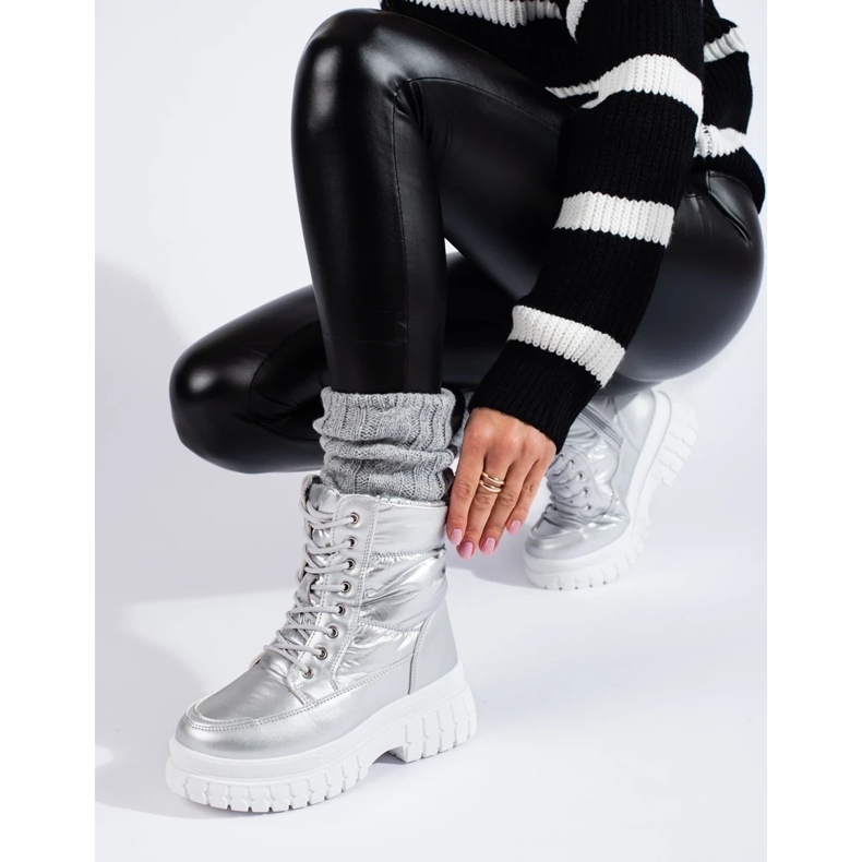 Botas de neve femininas prateadas com cadarço prata 1