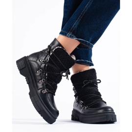 Botas de neve femininas negras com pele de carneiro preto 2