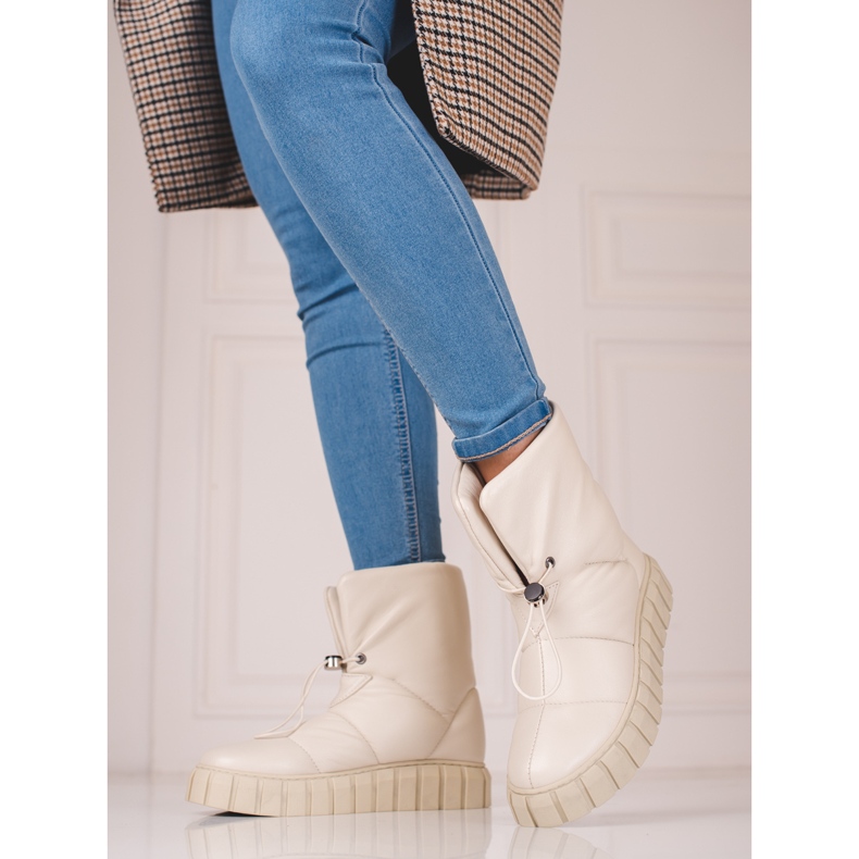 Botas de neve femininas de couro bege com punhos 2 Botas de neve femininas de couro bege com punhos 2