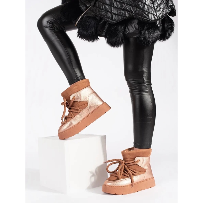 Botas de neve femininas marrons com atacadores e sola grossa marrom 2