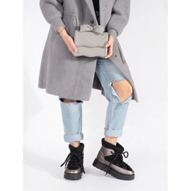 Botas femininas de neve pretas e prateadas com atacadores e sola grossa preto 1