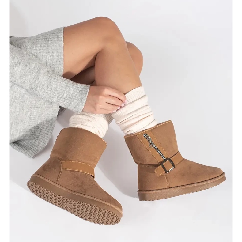 Botas de neve femininas bege com fivela decorativa e zíper 2