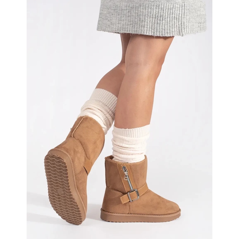 Botas de neve femininas bege com fivela decorativa e zíper 1