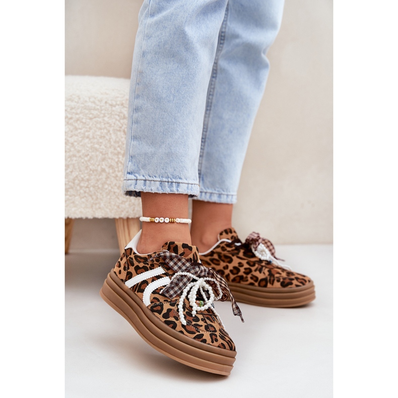 Tênis femininos com estampa de leopardo na plataforma com decorações marrons marrom 2