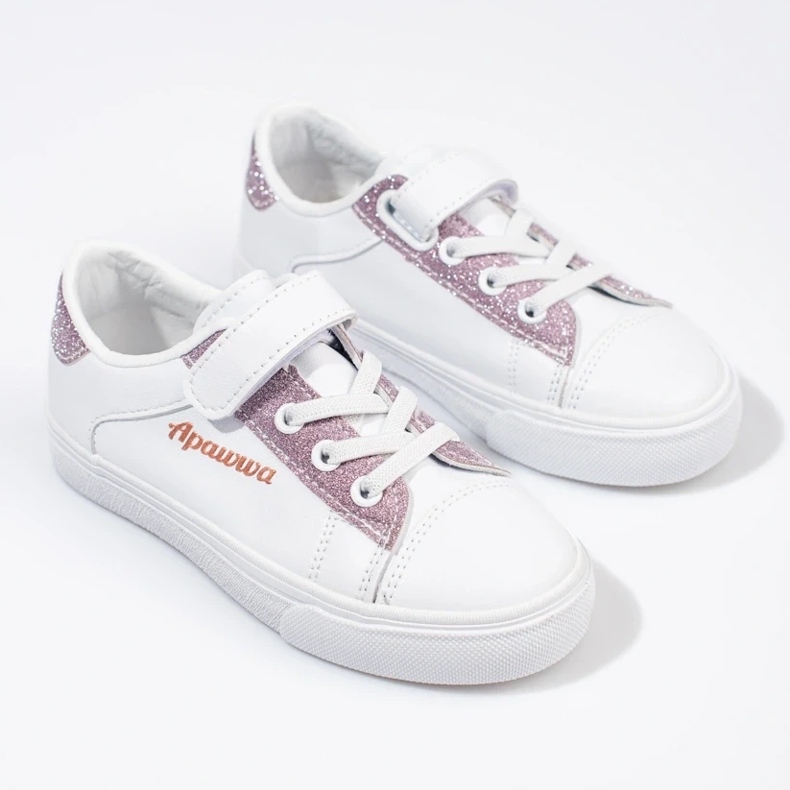 Tênis infantil branco com glitter rosa 2 Tênis infantil branco com glitter rosa 2