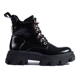 Botins femininos envernizados com sola grossa preto 2