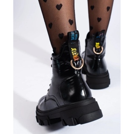 Botins femininos envernizados com sola grossa preto 1
