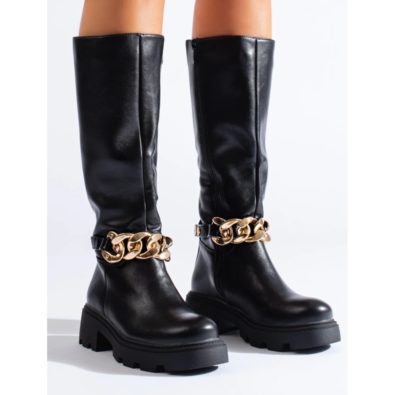 Botas femininas com corrente em couro ecológico preto 1