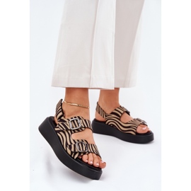 Sandálias femininas na plataforma e cunhas com fivelas bege-preto zebra 2