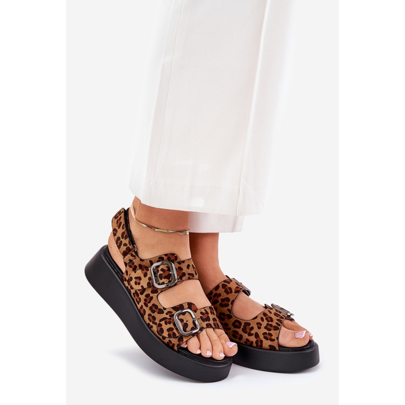 Sandálias femininas na plataforma e cunhas com fivelas leopardas marrons castanho 1 Sandálias femininas na plataforma e cunhas com fivelas leopardas marrons castanho 1