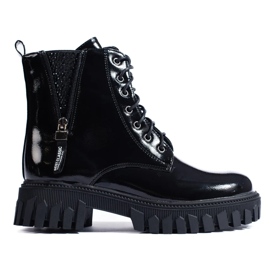 Botins femininos com atacadores e parte superior decorativa preto 2
