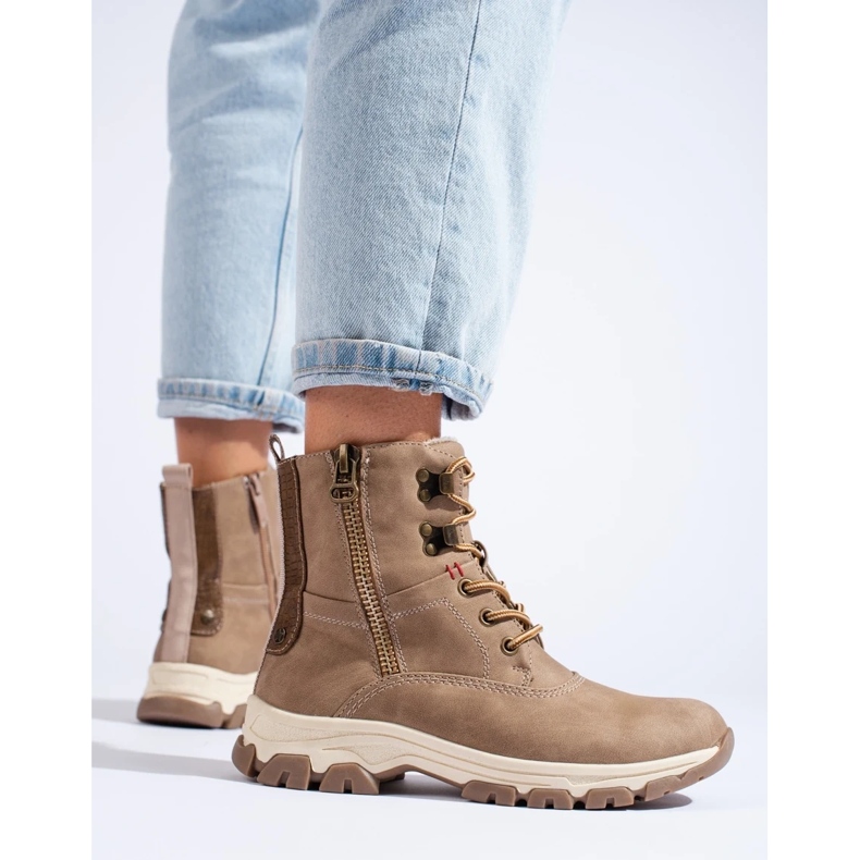 Botas femininas com atacadores e zíper decorativo marrom 2