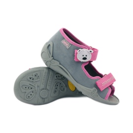 Chinelos, sandálias com velcro, Befado 242p073 rosa cinza branco 3