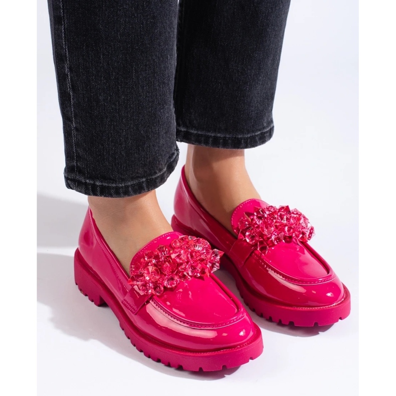 Mocassins de mulher Shelovet lacados com cristais fúcsia rosa 1 Mocassins de mulher Shelovet lacados com cristais fúcsia rosa 1
