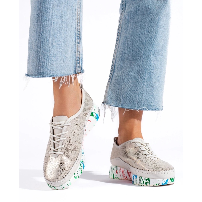 Sapatos femininos de couro com plataforma colorida Shelvt dourado 2