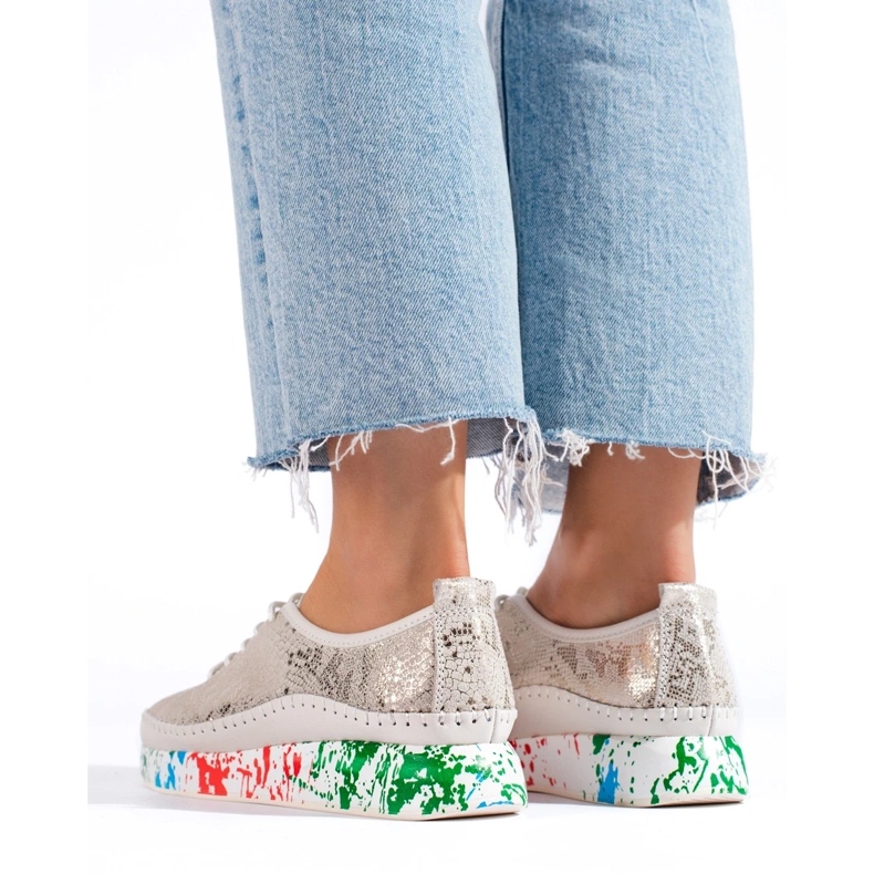 Sapatos femininos de couro com plataforma colorida Shelvt dourado 1